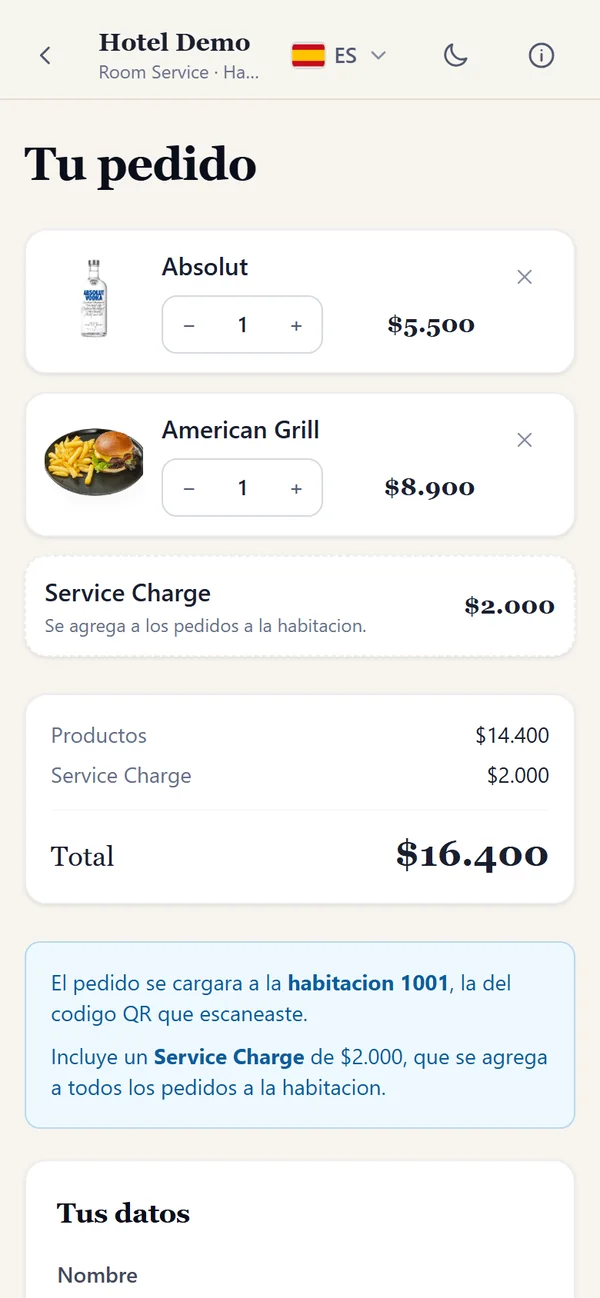 Carta del huésped: resumen de Tu pedido con productos, cargo por servicio y total que se carga a la habitación 1001