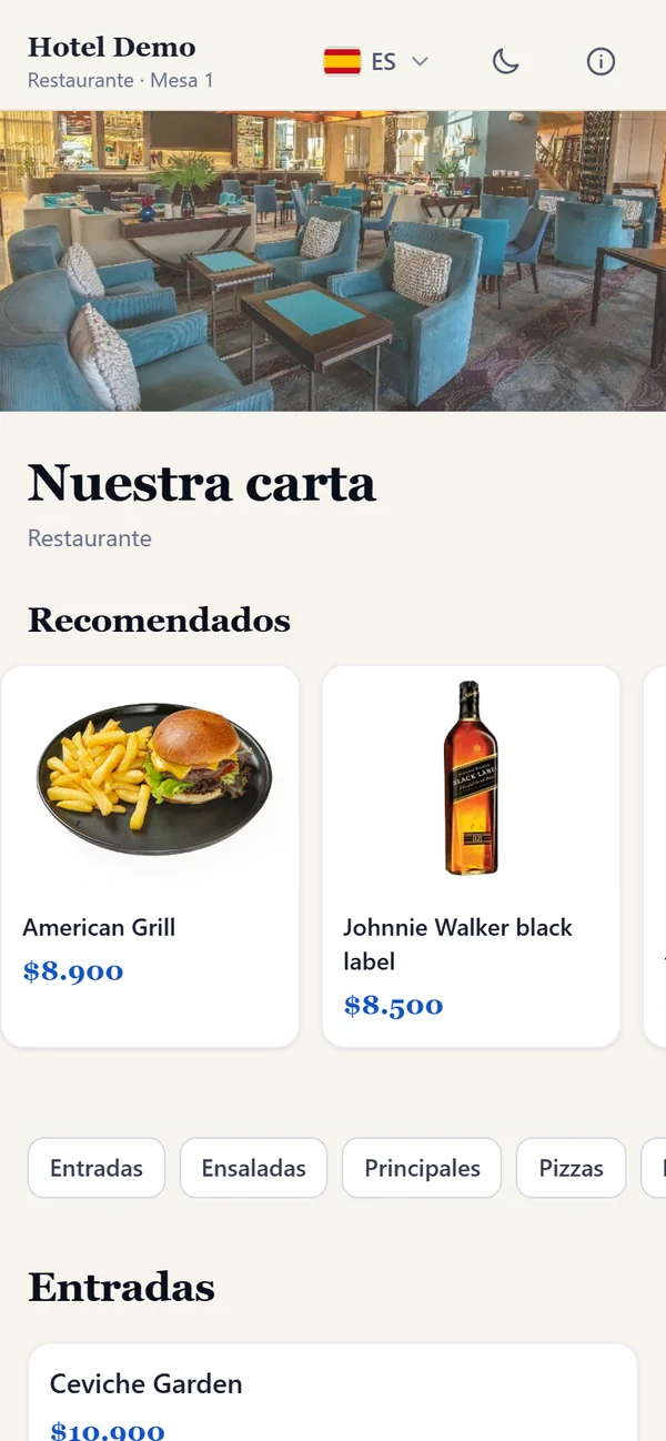 Carta digital de QR-POS en el celular del huésped: portada del hotel con productos recomendados y categorías