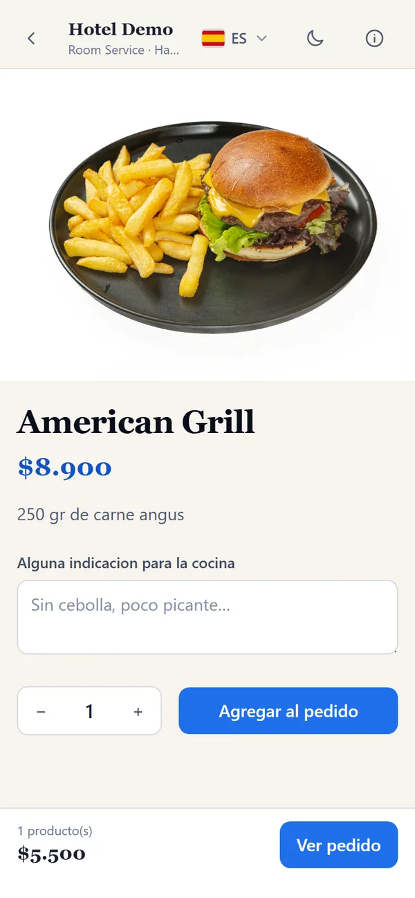 Carta del huésped: ficha de American Grill con foto, precio, indicaciones para la cocina y botón Agregar al pedido