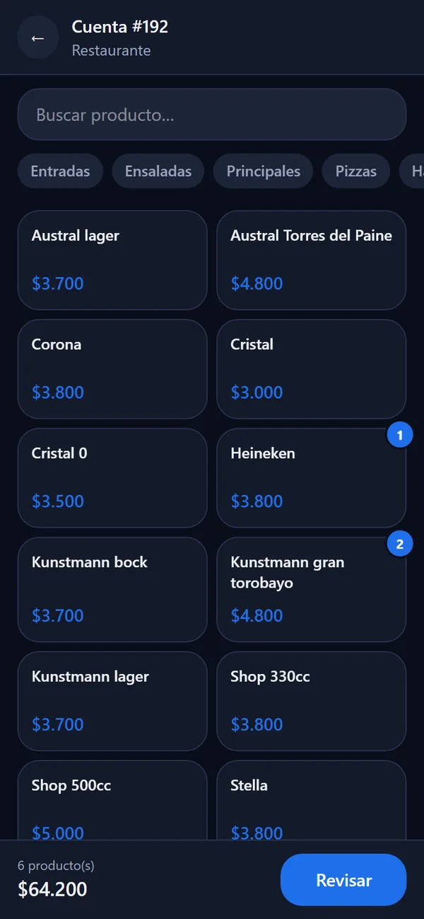 App del mesero de QR-POS: productos en grilla agregados a la cuenta #192 del restaurante