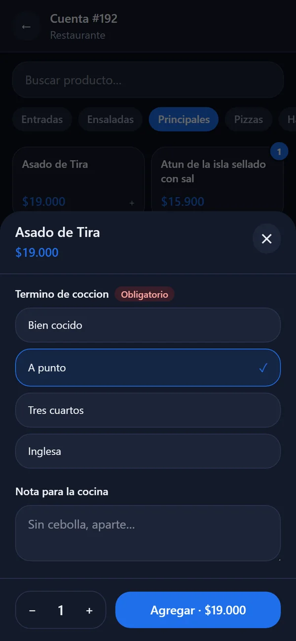 App del mesero: ficha de Asado de Tira con término de cocción obligatorio y nota para la cocina