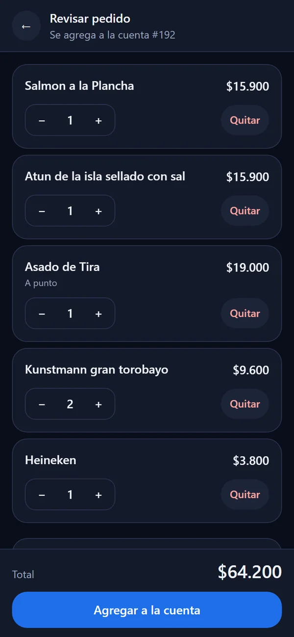 App del mesero: revisión del pedido que se agrega a la cuenta abierta #192, con total y botón Agregar a la cuenta